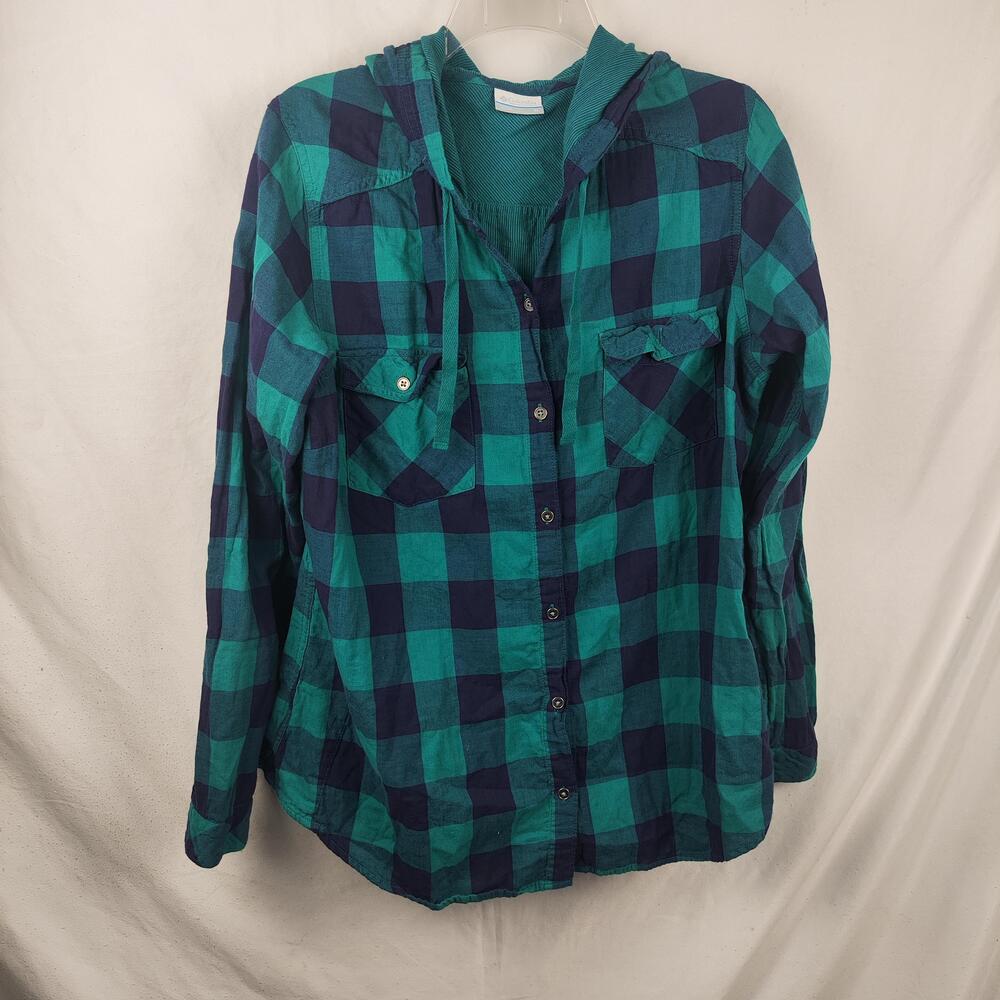 Columbia Button Up Shirt Womens XL Green Plaid Hooded Long Sleeve Cotton